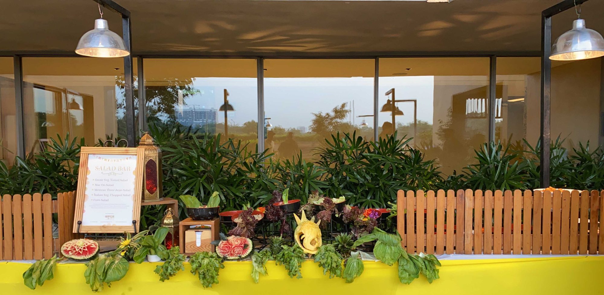 Live food counter with greenery