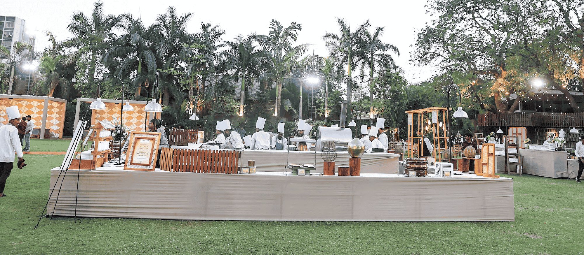 Outdoor buffet among palm trees