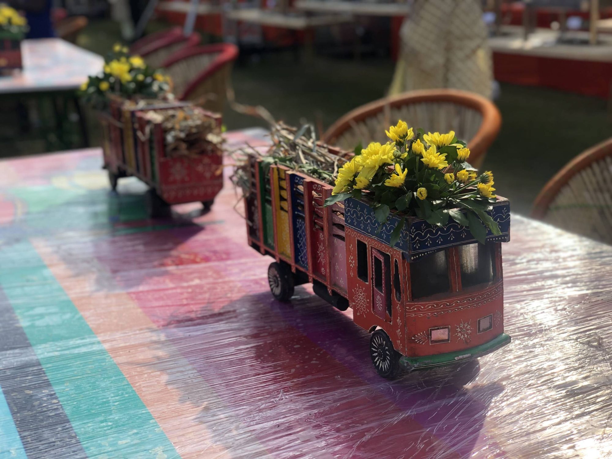 Vintage truck centrepiece with marigolds