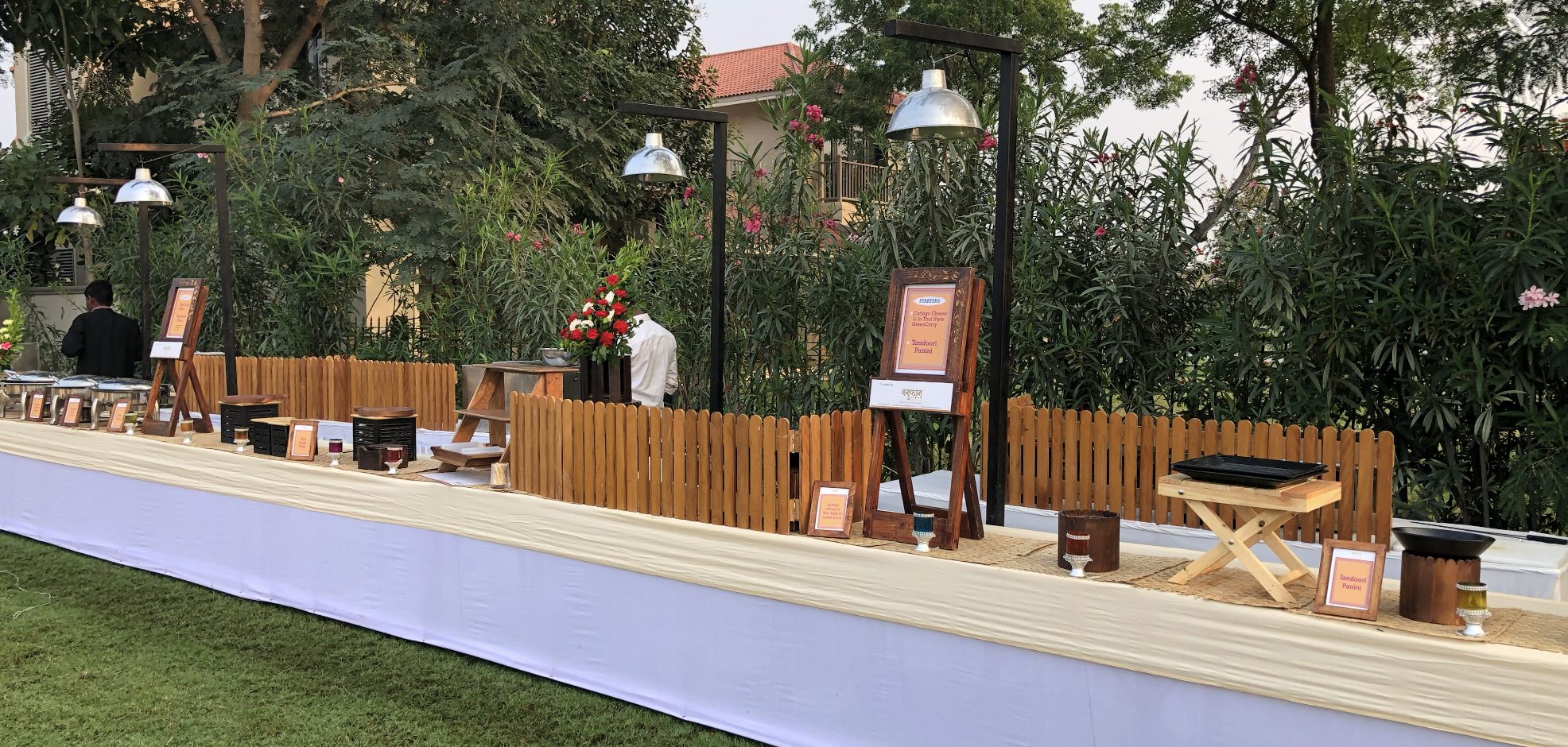 Wooden counters set for an outdoor event
